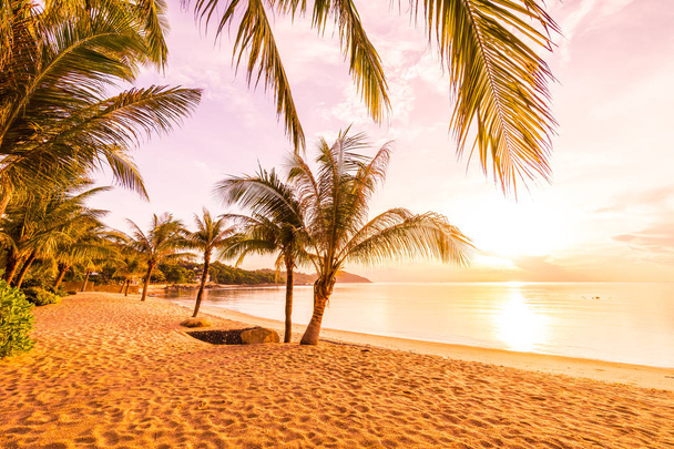 Na zachód słońca na tropikalny raj wyspa plaża i morze z palmy kokosowe drzewo w wakacje i urlop - Zdjęcie, obraz