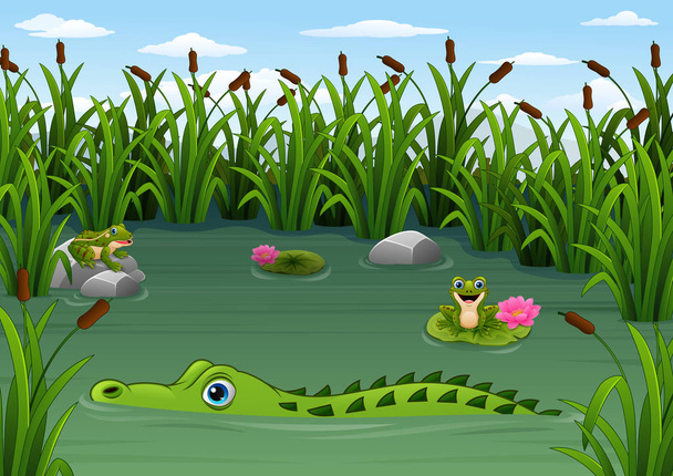 Sarjakuva alligaattori ja sammakoita lammessa
 - Vektori, kuva