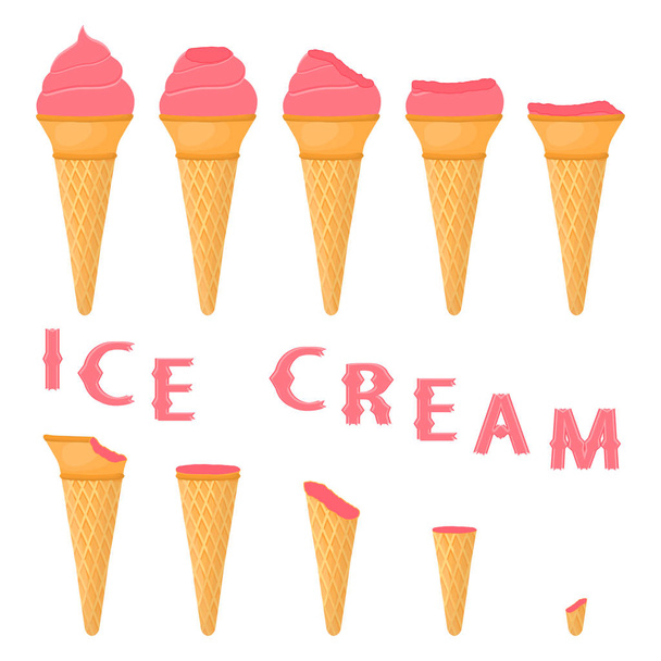 Ilustracja wektorowa na naturalne żurawinowy lody na wafel stożek. Ice Cream wzór złożony z słodkie zimne lody, smaczne mrożone desery. Świeże owoce lodziarnia z żurawiny w stożki wafel. - Wektor, obraz