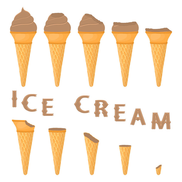Ilustración vectorial para helado de café natural sobre cono de gofre. Patrón de helado que consiste en helado frío dulce, postre congelado sabroso. Helados de frutas frescas de café en conos de oblea
. - Vector, imagen