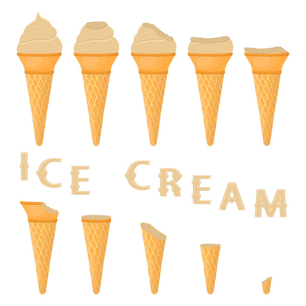 Ilustración vectorial para helado de coco natural en el cono de gofre. Patrón de helado que consiste en helado frío dulce, postre congelado sabroso. Helados de frutas frescas de coco en conos de oblea
. - Vector, imagen