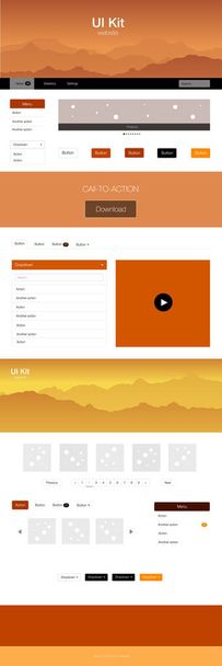 Luz naranja vector web ui kit con montañas. Hermoso kit ui ux con coloridas montañas en su cabecera. Plantilla moderna para tu landing page
. - Vector, Imagen