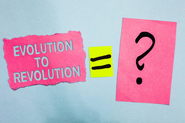 Conceptual hand writing showing Evolution To Revolution. Business photo showcasing adapting to way of living for creatures and humans Pink paper equal sign question mark asking important answer - Photo, Image