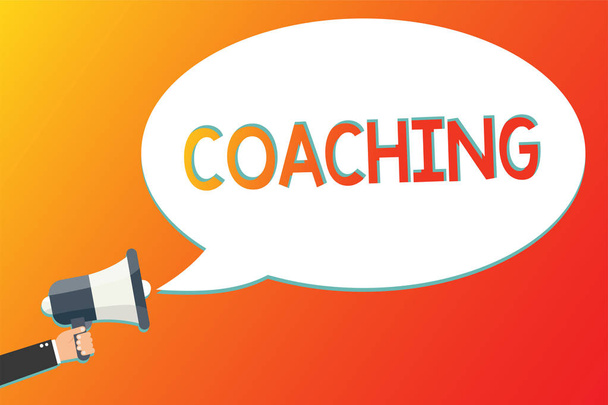 Writing note showing Coaching. Business photo showcasing person supports client in achieving specific personal goal Megaphone loudspeaker screaming scream idea talk talking speech listen - Photo, Image