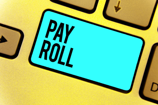 Käsiala teksti Pay Roll. Käsitteen merkitys Yrityksen työntekijöilleen maksamat palkat ja palkkiot Näppäimistön sininen avain Tarkoitus luoda tietokonepohjainen heijastusasiakirja
 - Valokuva, kuva