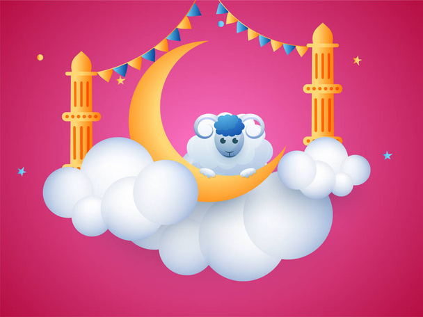 Shiny pink greeting card design with illustration of sheep, crescent moon, muslim tomb decorated with bunting flag on cloud for Muslim Festival celebration concept. - Διάνυσμα, εικόνα
