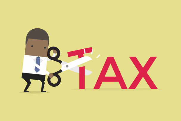 Африканский бизнесмен с ножницами режет векторную иллюстрацию букв Т. Сокращение налогового бизнеса
. - Вектор,изображение