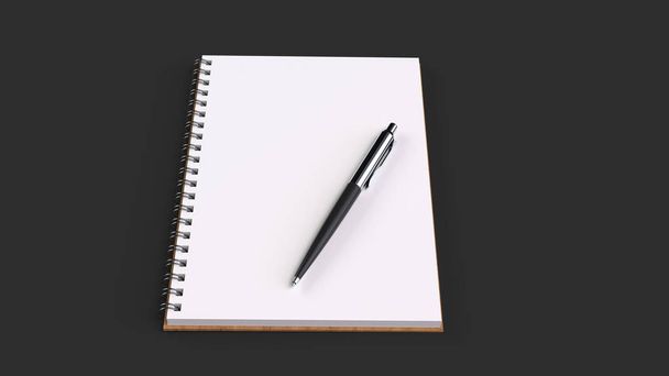 Blank white spiral notebook with automatic ballpoint pen on black table. Business, education or office mockup. 3D rendering illustration. - Foto, immagini