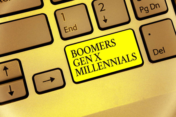Conceptual hand writing showing Boomers Gen X Millennials. Muestra de fotos de negocios generalmente se considera que es de unos treinta años Teclado tecla amarilla Intención informática documento de reflexión
 - Foto, imagen
