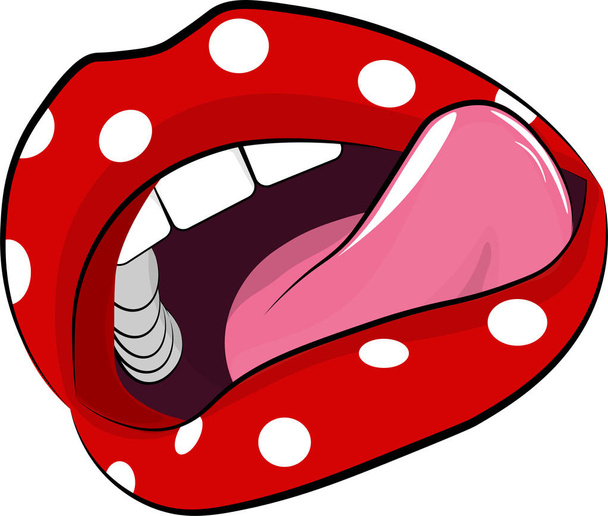 Lippen - rot mit Zunge, Tupfenmuster, auf isoliertem weißem Hintergrund. - Vektor, Bild