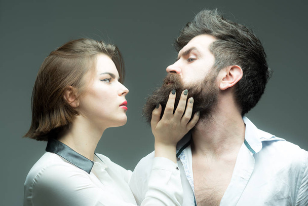 Beard grooming has never been so easy. Girl barber enjoy brutal bearded hipsters style. How grow great beard. Barber expert grooming tips. Beard care tricks will keep facial hair looking resplendent - Foto, immagini