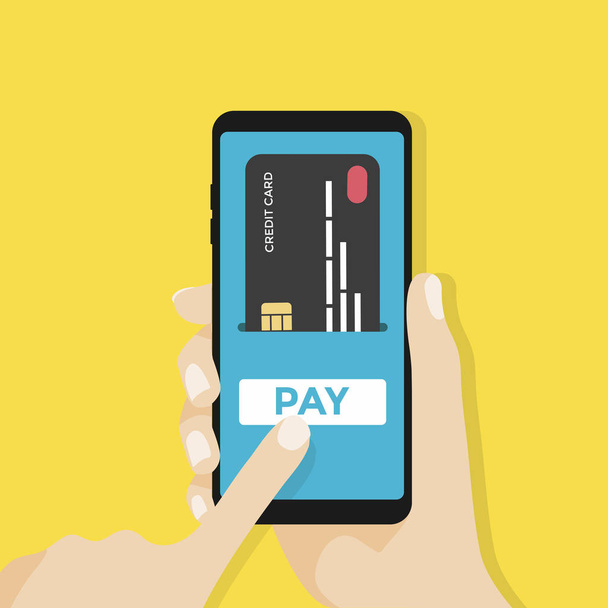 Payment page and credit card on smartphone screen with pay button. Hand holds the smartphone. vector - Vektor, Bild