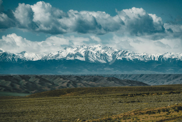blauer Himmel mit tianischen Shan-Bergen im Hintergrund und grüner Steppe, Kasachstan Zentralasien - Foto, Bild