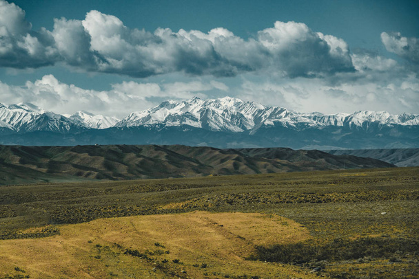 Blue Sky with Tian Shan mountains in background and green steppe, Kazakhstan Central Asia - Foto, Imagem