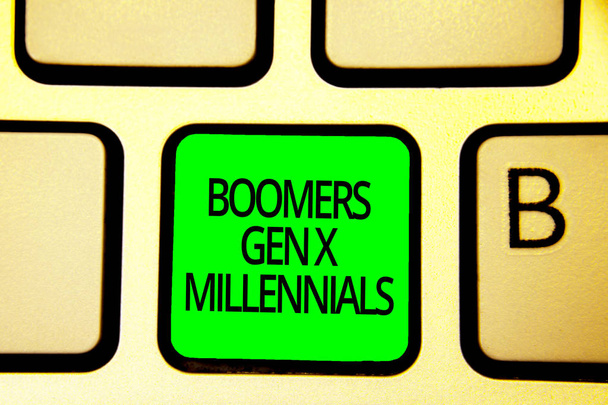 Writing note showing Boomers Gen X Millennials. Business photo showcasing generally considered to be about thirty years Keyboard green key Intention computer computing reflection document - Photo, Image