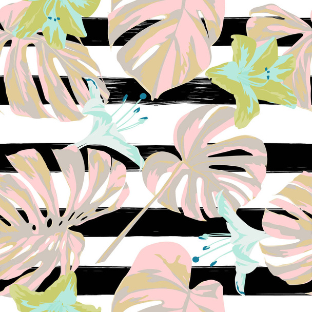 Tropical Print. Jungle Seamless Pattern. Vector Tropic Summer Motif with Hawaiian Flowers.  - Вектор,изображение