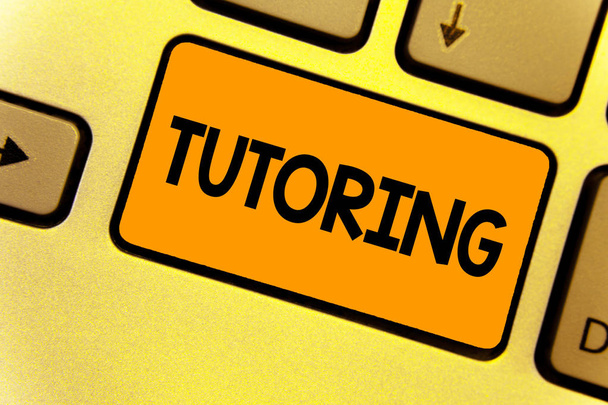 Word writing text Tutoring. Business concept for An act of a person employed to administer knowledge to someone Keyboard yellow key Intention create computer computing reflection document - Photo, Image