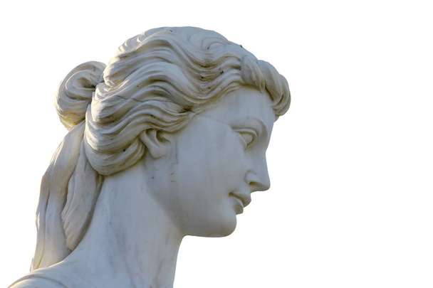 Head of white female marble statue close up on white background - Photo, Image