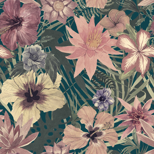 Seamles handgezeichnetes Aquarellmuster mit Blättern, Federn, Blumen. - Foto, Bild