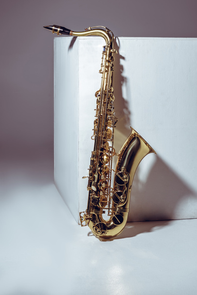vista de cerca del saxofón profesional brillante único en gris
  - Foto, Imagen