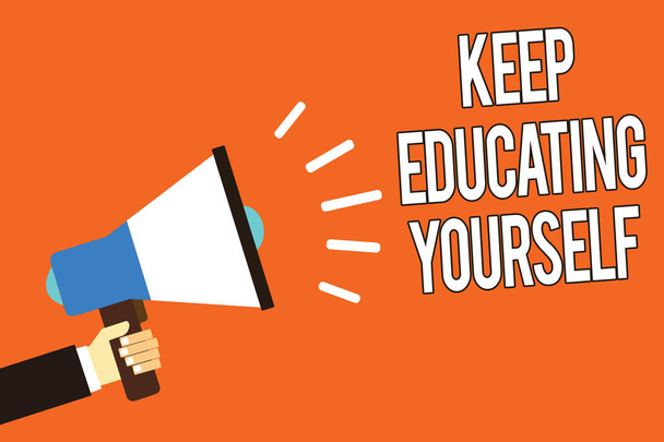 Writing note showing Keep Educating Yourself. Business photo showcasing dont stop studying Improve yourself using Courses Man holding megaphone loudspeaker orange background message speaking - Photo, Image