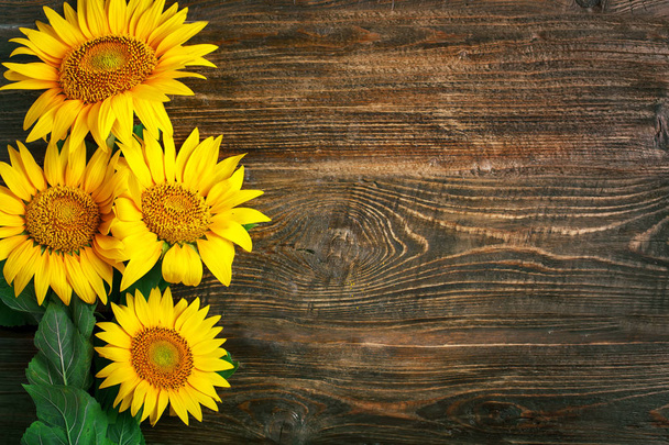 Beautiful sunflowers on a wooden table. View from above. Background with copy space. - Foto, immagini