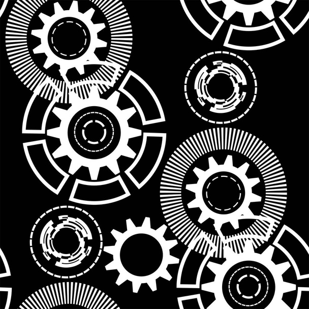 Equipo geométrico abstracto, rueda dentada, círculos, líneas, rayos, líneas punteadas Patrón sin costuras Industria de la tecnología de la ciencia. Blanco y negro
 - Vector, imagen
