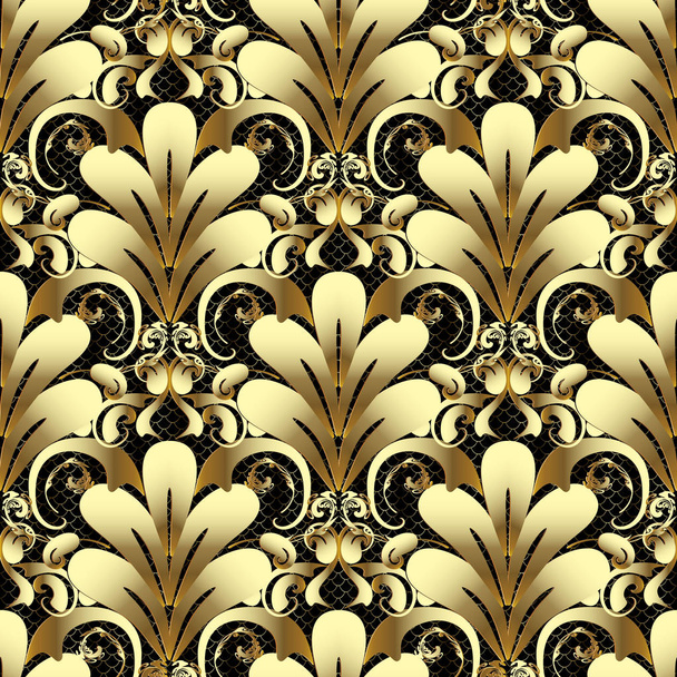 Gold 3d Damask seamless pattern.  - ベクター画像