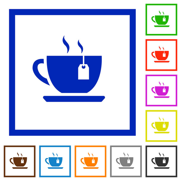 Cup of tea with teabag flat color icons in square frames on white background - Vector, Image