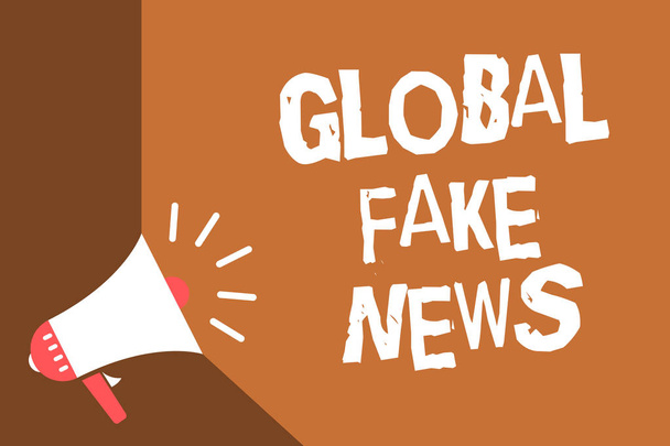 Writing note showing Global Fake News. Business photo showcasing False information Journalism Lies Disinformation Hoax News flash burning issue social network messages speaker convey idea - Photo, Image
