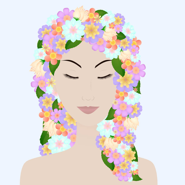 Όμορφο κορίτσι με κλειστά τα μάτια και τα μαλλιά λουλούδι. Εικονογράφηση διάνυσμα - Διάνυσμα, εικόνα