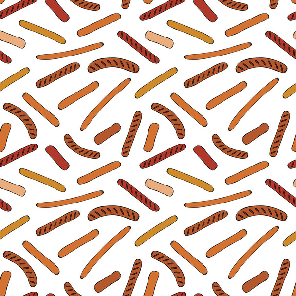 Seamless Endless Background Pattern of Different Sausages. Food Collection. Realistic Hand Drawn High Quality Vector Illustration. Doodle Style - Διάνυσμα, εικόνα