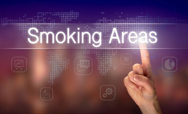 Uma mão selecionando um conceito de negócios Áreas de Fumar em uma tela clara com um fundo embaçado colorido
. - Foto, Imagem