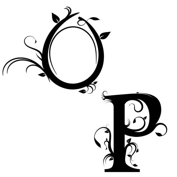 Decorative floral letters O and P on a white background, vector illustration - Vektor, obrázek