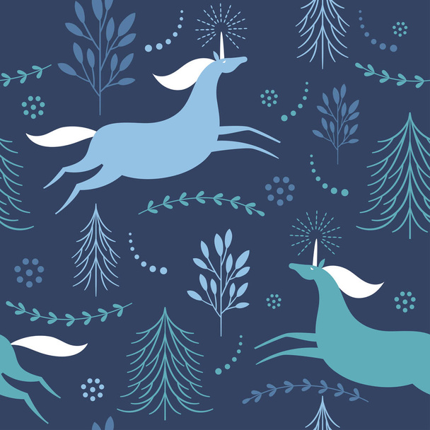 Seamless pattern with unicorn and plants on dark blue background - Vector, afbeelding