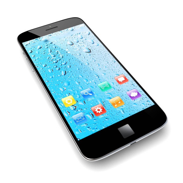Мобільний смартфон з різнокольоровими додатками на шпалерах для краплі води. 3d зображення
  - Фото, зображення