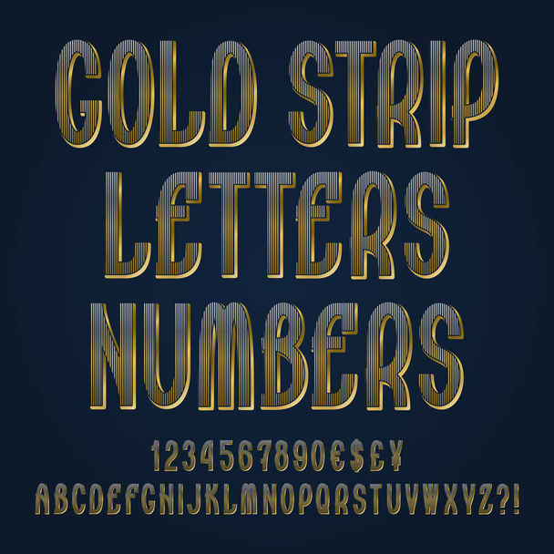 金ストリップ文字、数字、ドル、円、ポンド、ユーロの通貨記号、感嘆符、疑問符. - ベクター画像