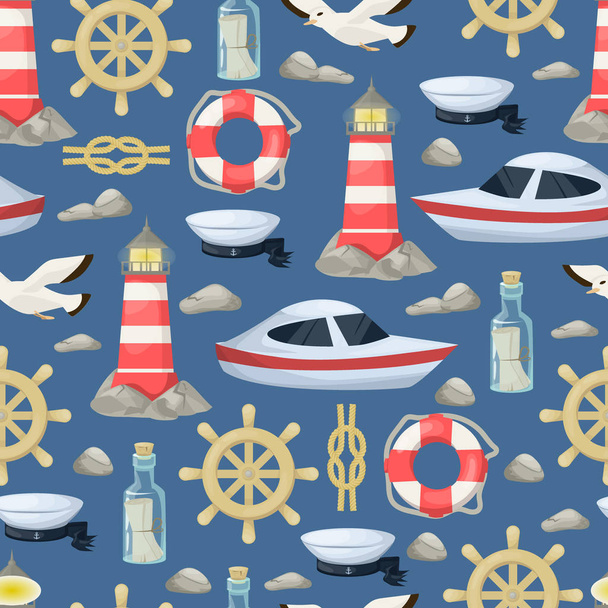 Námořní lodě námořnictva, kotva, kolo mořské a námořní vzor bezešvé pozadí pro baby sprchy, narozeniny, pozvánky vektorové ilustrace. Moře námořní lana plachetnice maják dekorace - Vektor, obrázek