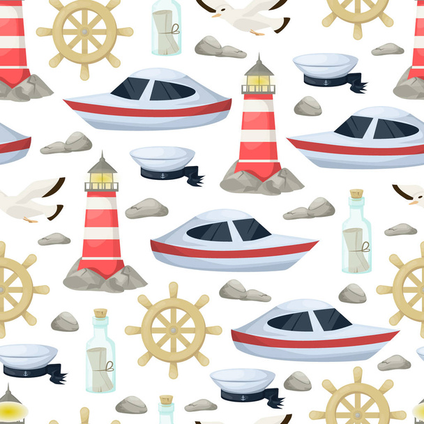 Deniz denizci tekneler, çapa, baby shower, Doğum günü, davetler için tekerlek deniz ve okyanus Dikişsiz desen arka illüstrasyon vektör. Deniz deniz ip Yelkenli deniz feneri dekorasyon - Vektör, Görsel