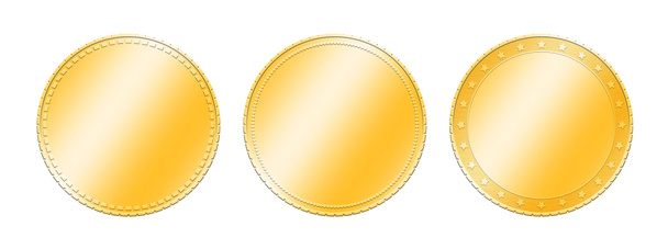 Close-up drie verschillende gouden metalen blanco munten sjabloon of award prestatie badges geïsoleerd op witte achtergrond - Foto, afbeelding