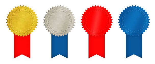 Набір з чотирьох печатних марок, досягнень і нагород значків (матовий метал золотий, срібний, синій і червоний) зі стрічками ізольовані на білому тлі
 - Фото, зображення