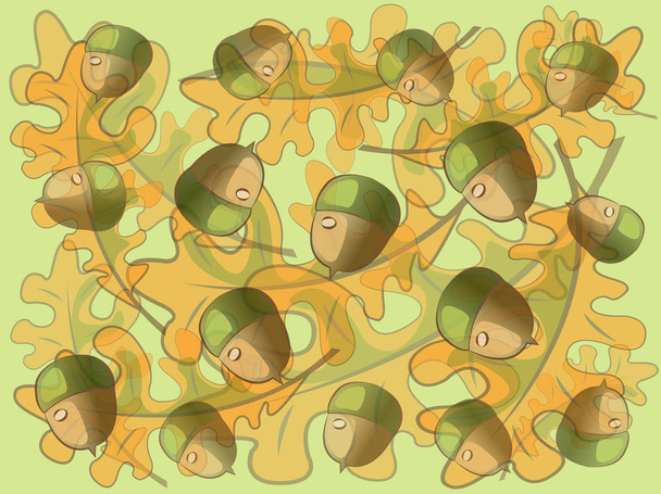Dubové listy a žaludy na zeleném pozadí. Podzimní vzor - Fotografie, Obrázek