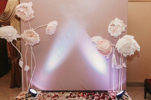 mooie foto zone op bruiloft receptie. vakantie decor. foto stand met grote bloemen van papier en verlichting - Foto, afbeelding