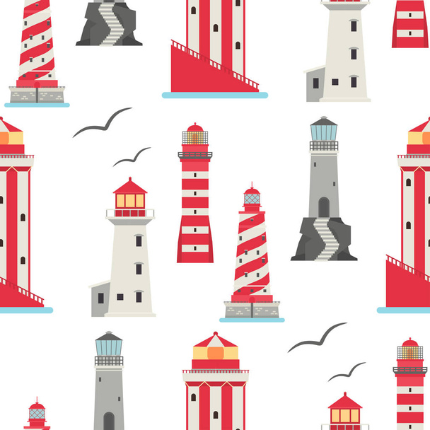 Lighthouses vector flat searchlight towers for maritime navigation guidance ocean beacon light safety security seamless pattern background illustration. - Wektor, obraz