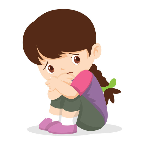 Sad Girl,Depressed Girl looking lonely .Illustration of a sad child, helpless, bullying.  - Vector, Image