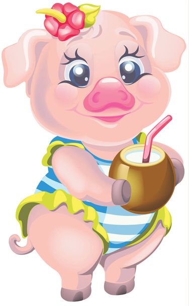 vector illustration cute pig in a striped bathing suit - Vector, Image