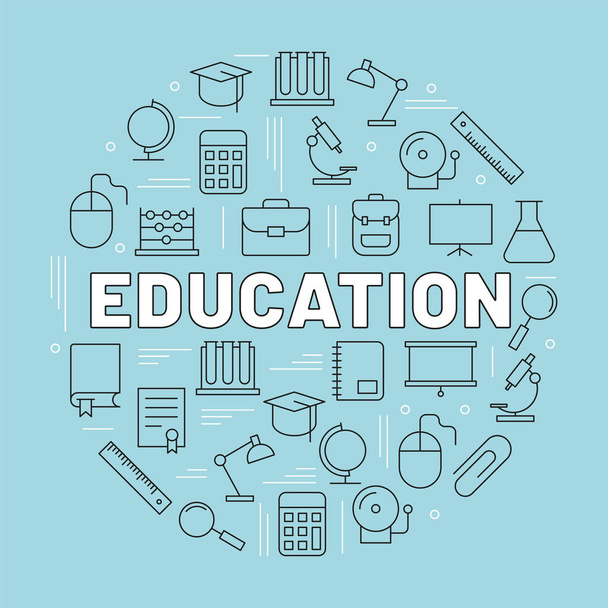 The word EDUCATION surrounded by icons. Vector background illustration - Вектор,изображение