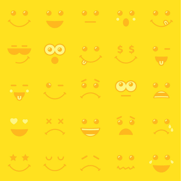 Žlutý vzor šablona linie umění emotikony nebo emoji ikon. Happy žlutý smajlík v rovném provedení světového dne Emoji na žlutém podkladu. Vektor emotikon radost ikony - Vektor, obrázek