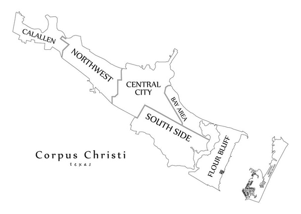 moderner Stadtplan - corpus christi texas stadt der usa mit bezirken und titeln umrissenkarte - Vektor, Bild
