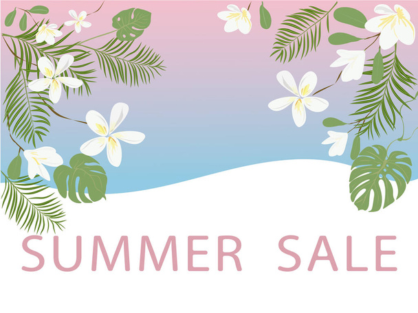 Summer sale background with tropical flowers and leaves. Vector illustration for wallpaper, flyers, invitation, posters, brochure, discount voucher, banner. - ベクター画像